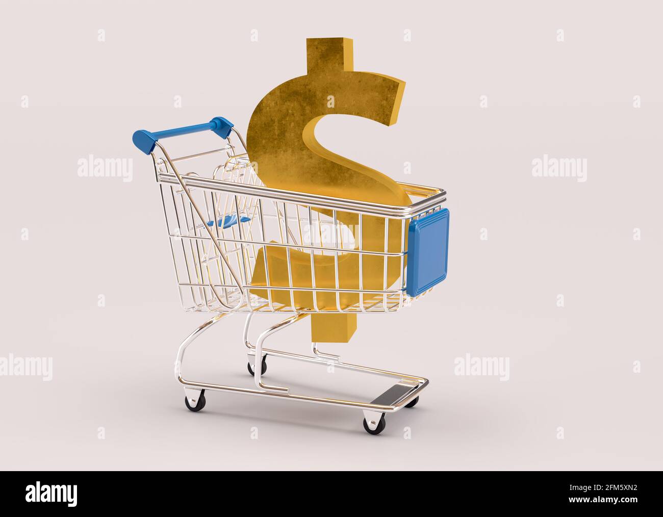 Supermarket shopping cart filled with big golden US dollar currency 3D symbol 3D rendering Stock Photo