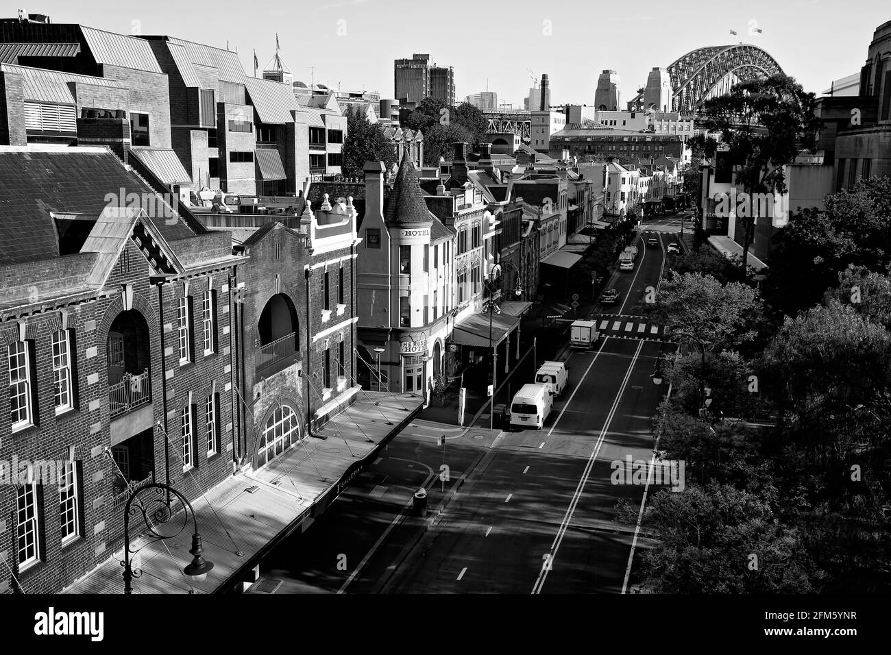 The Rocks area with Harbour Bridge in the background Stock Photo