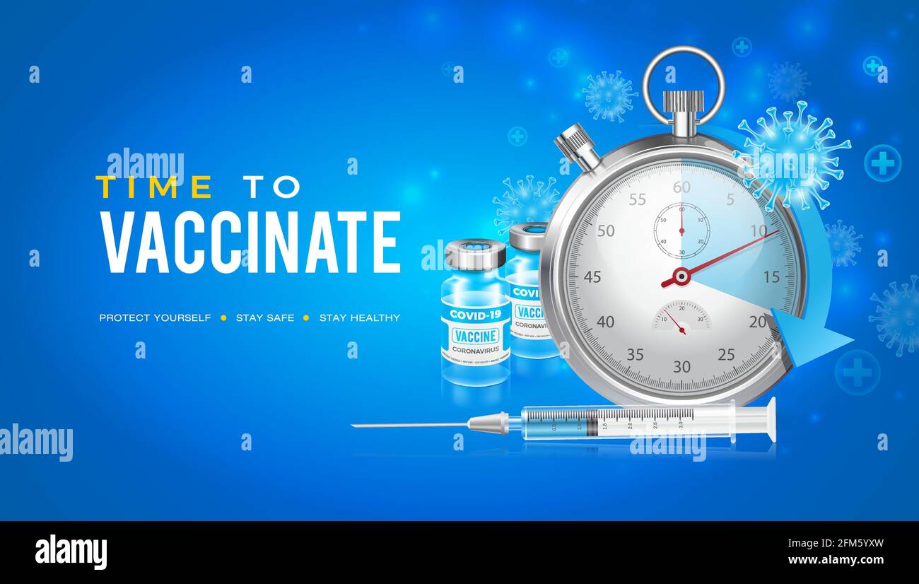 Vector background design with Coronavirus vaccine. Watch condemning the start of vaccination time. Time to get vaccinated against the Covid-19. Stock Vector