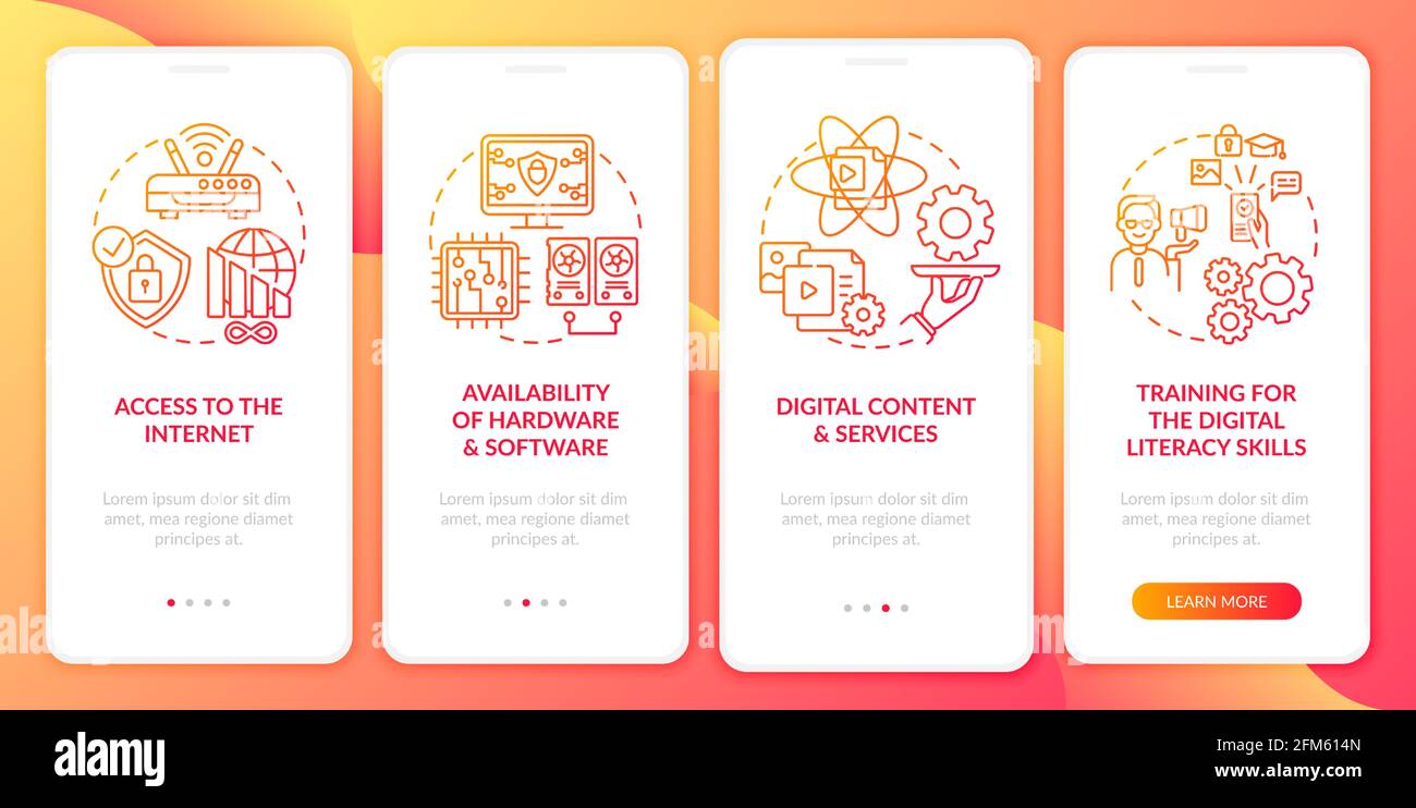 Digital inclusion components red onboarding mobile app page screen with concepts Stock Vector