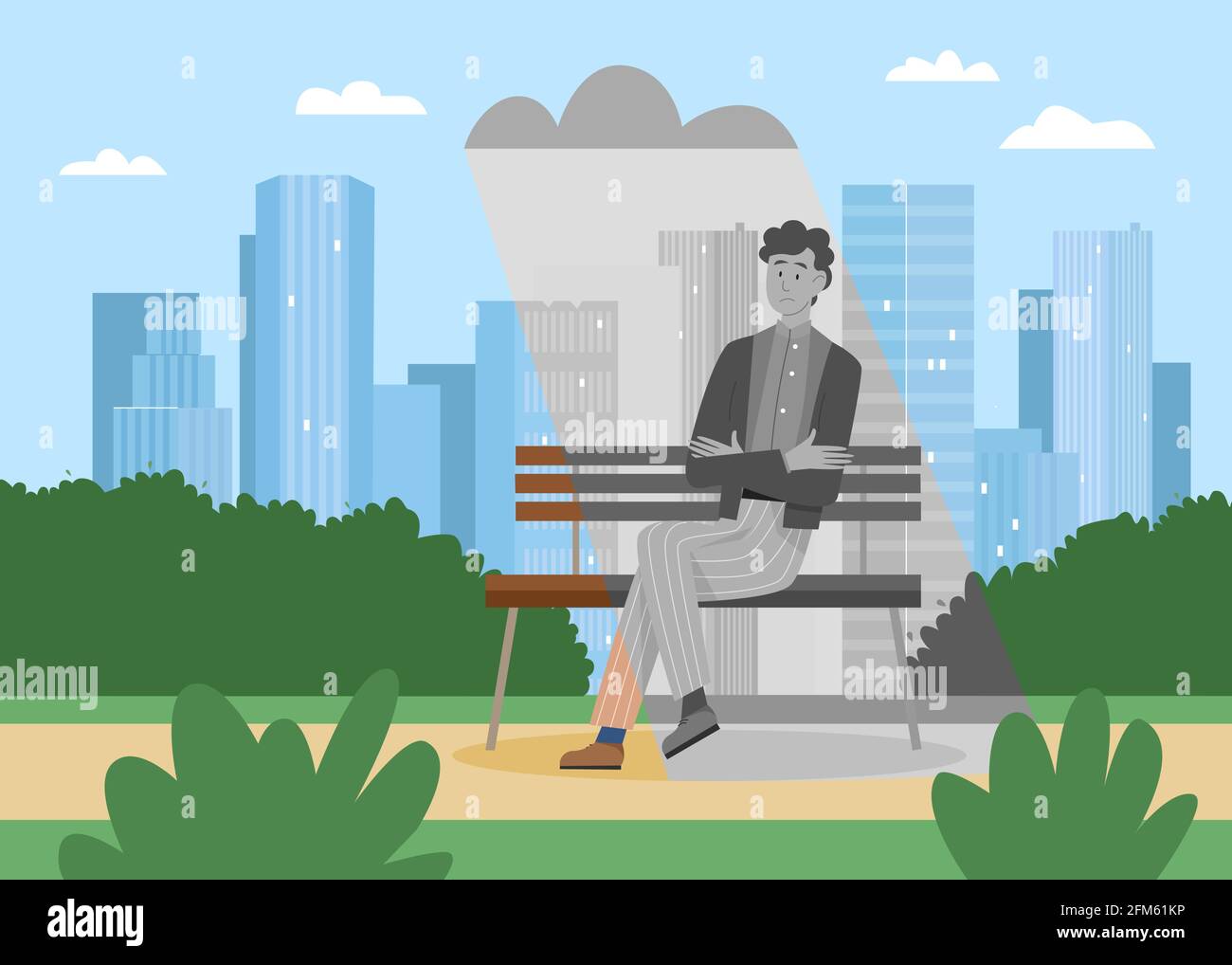 Mental stress problem, loneliness concept vector illustration. Cartoon sad upset lonely man character sitting on city park bench alone under cloud of depression, worrying about problem background Stock Vector
