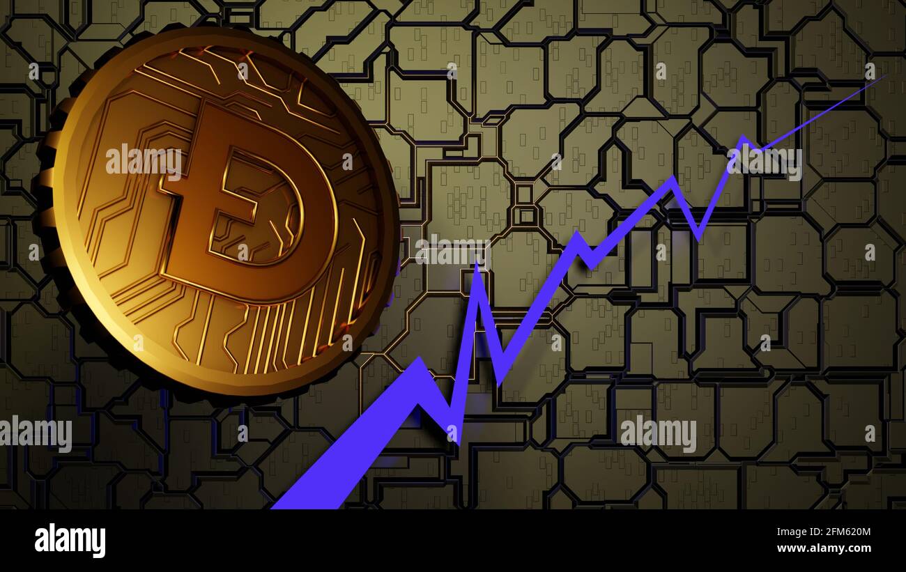 Dogecoin and growth graph on a hard surface motherboard background ...
