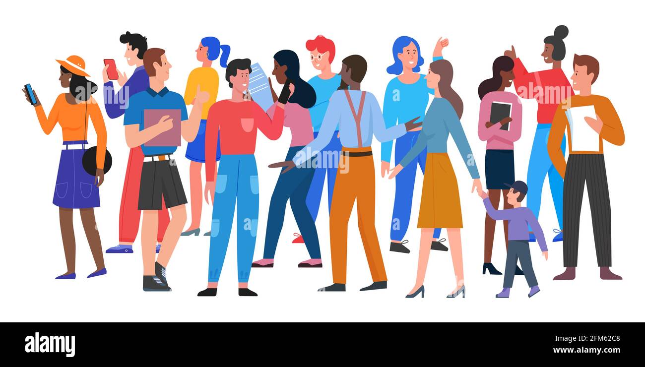 People walk in crowd vector illustration. Cartoon different ages and  multiethnic diverse crowd group of man and woman characters in casual  clothes walking, holding smartphone isolated on white Stock Vector Image &