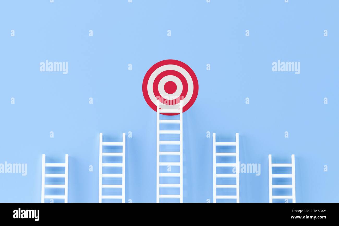 Target ladder achievement concept on blue wall studio background ...