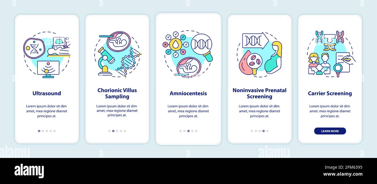 Genetic diseases testing, diagnostics onboarding app page screen with concepts Stock Vector
