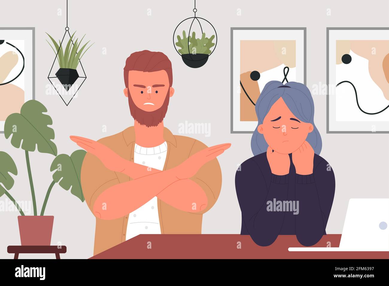 Family abuse, couple people quarrel criticize vector illustration. Cartoon young angry husband screaming at wife, quarreling in anger, woman character crying, divorce conflict conversation background Stock Vector