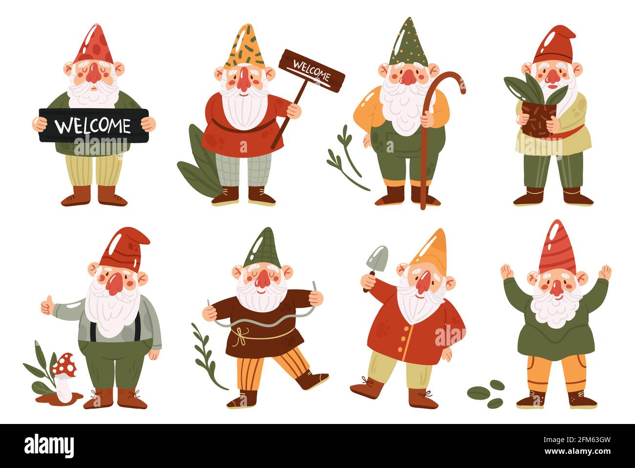 Cute garden gnomes or dwarfs vector illustration set. Cartoon funny myth fairytale characters with hats collection, small gnomes or trolls gardening, holding mushroom, plant pot isolated on white Stock Vector