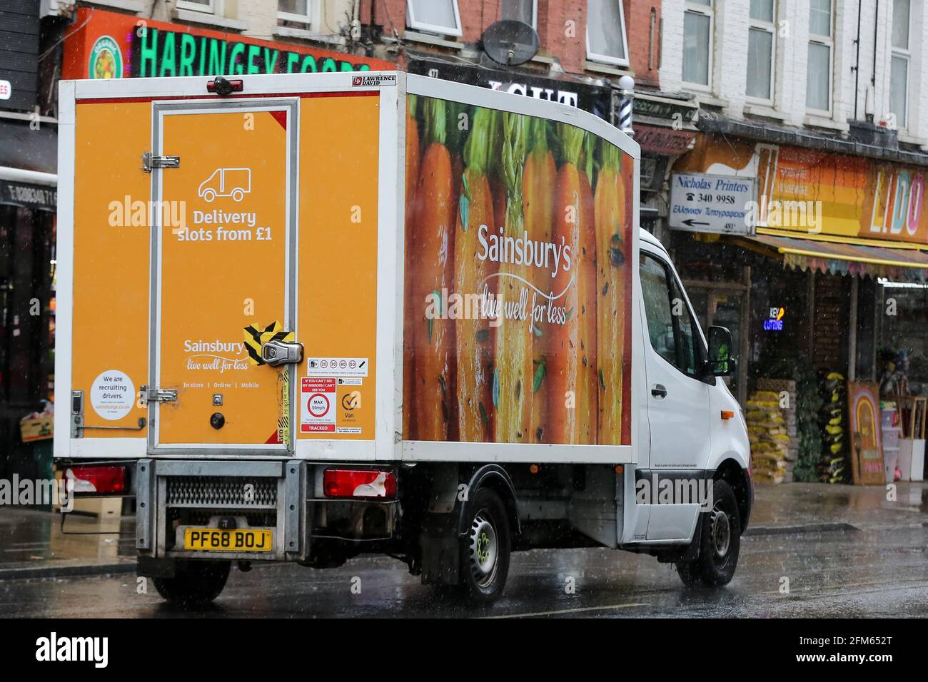 A Sainsbury's delivery van seen on the street in London. (Photo by