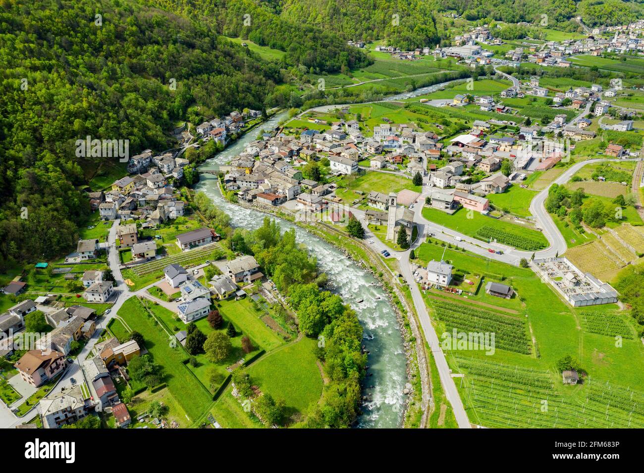 Valtellina (IT), Aerial view of the Boffetto and Carolo villages towards the east Stock Photo