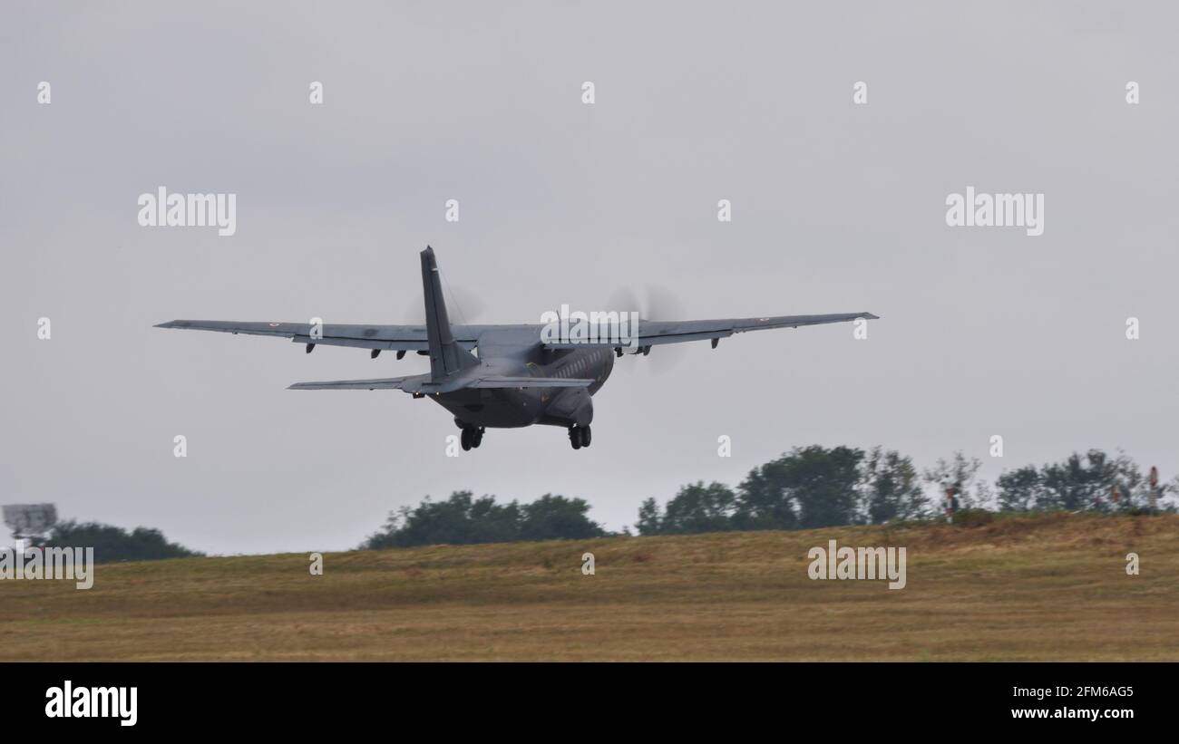Evreux Air Base France JULY, 14, 2019 Takeoff of the CASA IPTN CN-235 military transport airplane of French Air Force Stock Photo