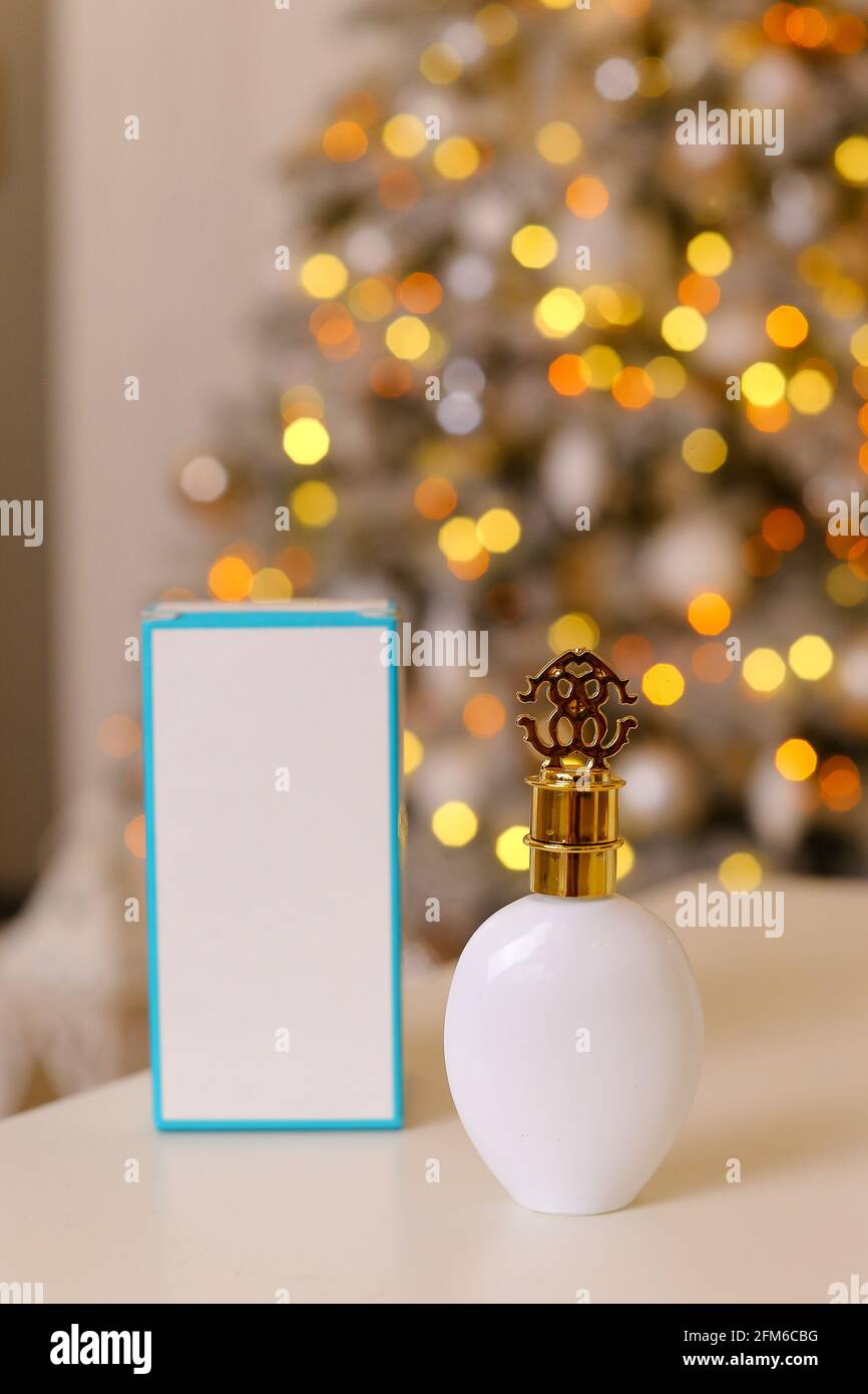 Generic perfume bottles in a gift set on christmas background Stock Photo