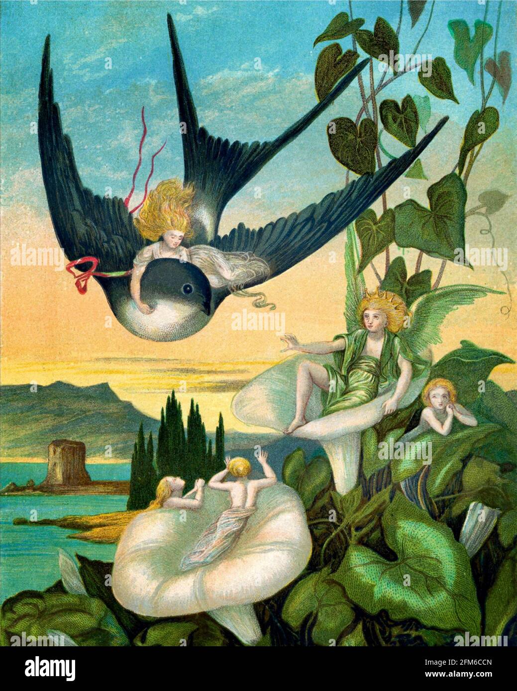 Eleanor Vere Boyle artwork - Thumbelina - 'Tommelise borne on the Swallow's back to the South, where she sees the Fairy Flower-Prince. Stock Photo
