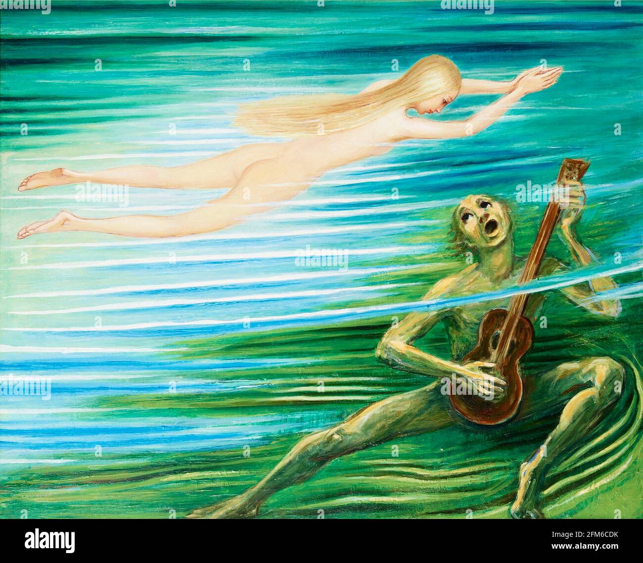 Nils Dardel artwork entitled The Näcken or Water Spirit. The guitarist plays on whilst the water spirit swims on. Stock Photo