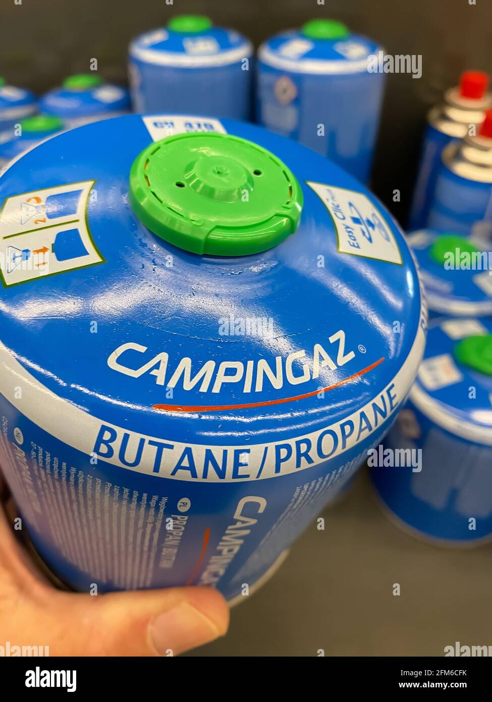 Viersen, Germany May 6. 2021 Closeup of blue camping campingaz