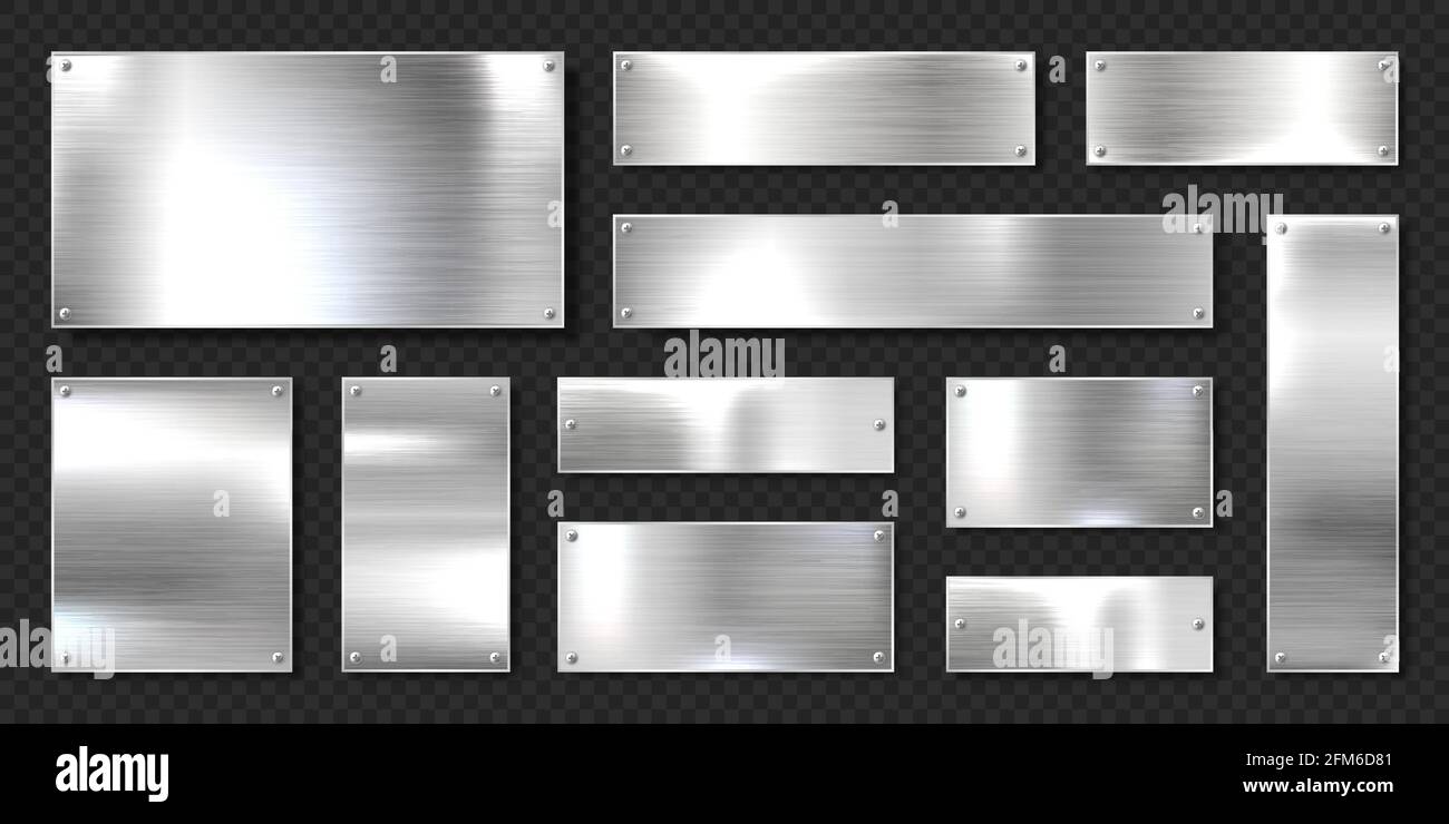Realistic shiny metal banners set. Brushed steel plate with screws ...