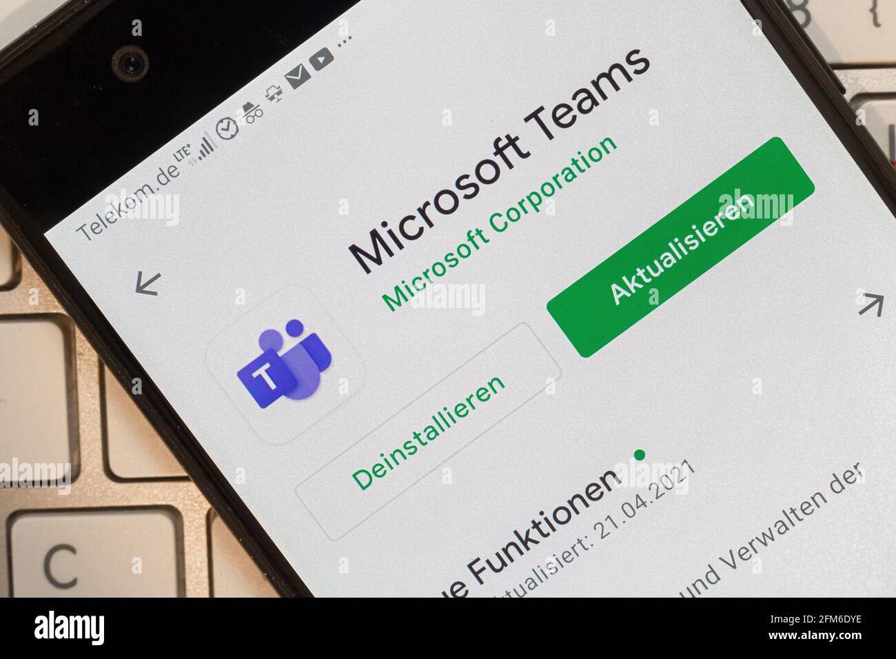 Neckargemuend, Germany: May 6, 2021: app icon of microsoft teams in app store on phone screen top view, Illustrative Editorial. Stock Photo