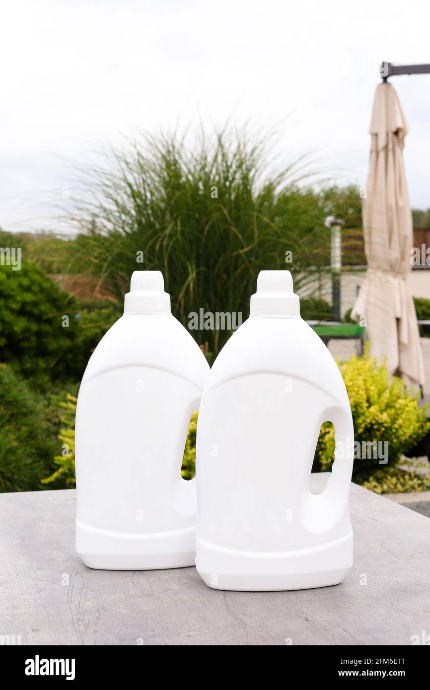 Softener bottle plastic bottle with liquid laundry detergent, cleaning agent, bleach or fabric