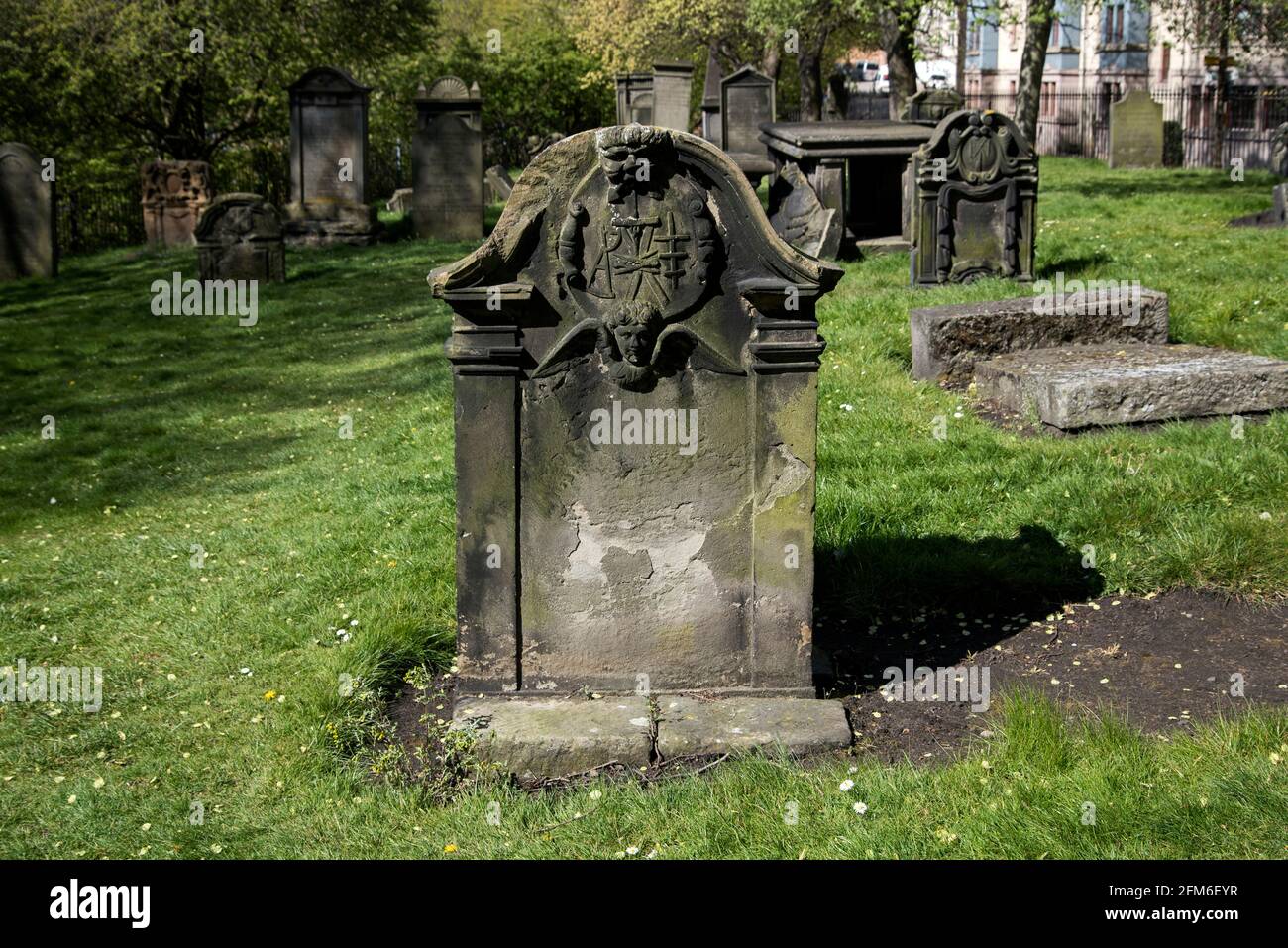 18th century headstone in North Leith Burial Ground, Edinburgh, Scotland, UK. Stock Photo