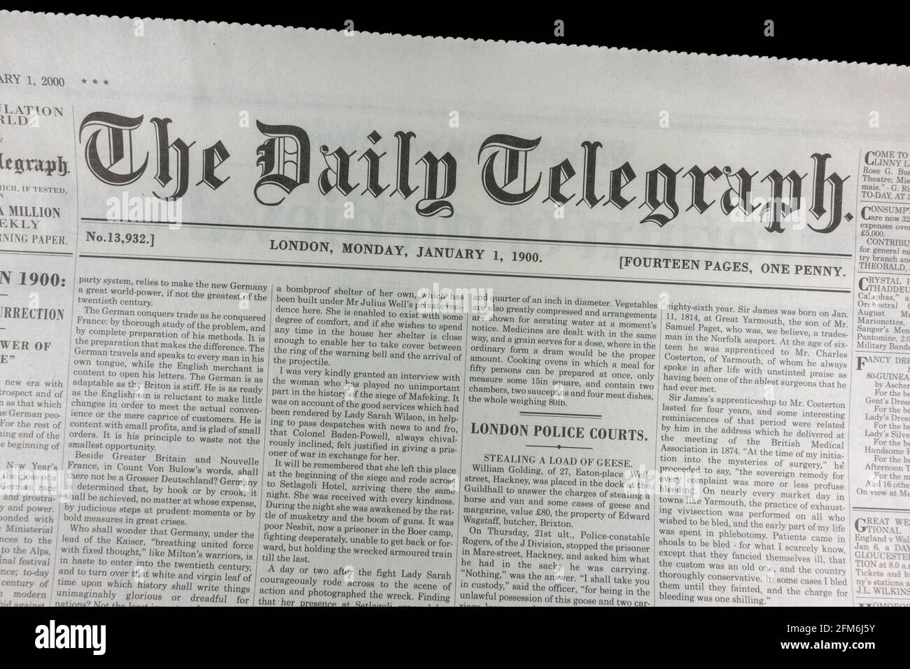 Front page of The Daily Telegraph newspaper (replica) on 1st January 1900 Stock Photo Alamy