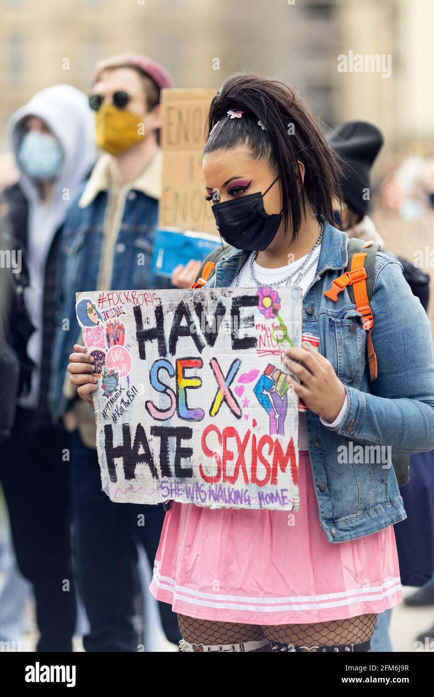Protester with placard at the 97% March against violence faced by women and marginlised genders, London, 3 April 2021 Stock Photo