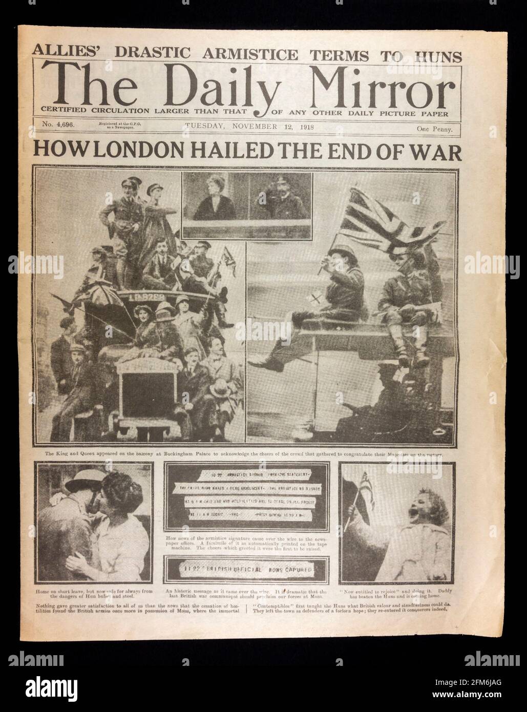 Front page of the Daily Mirror newspaper (replica) on 12th November 1918 at the end of WWI. Stock Photo