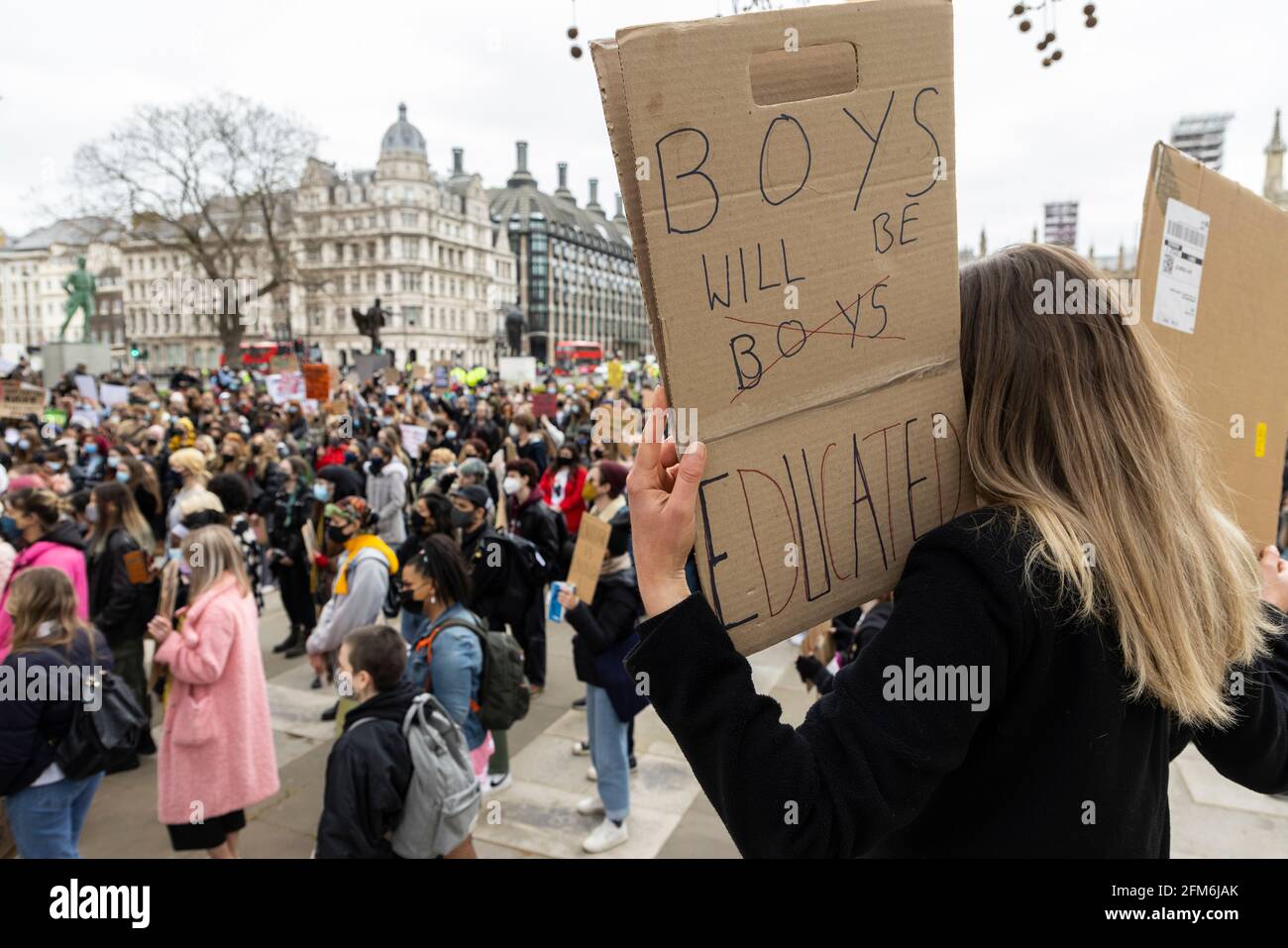 Protester with placards at the 97% March against violence faced by women and marginlised genders, London, 3 April 2021 Stock Photo
