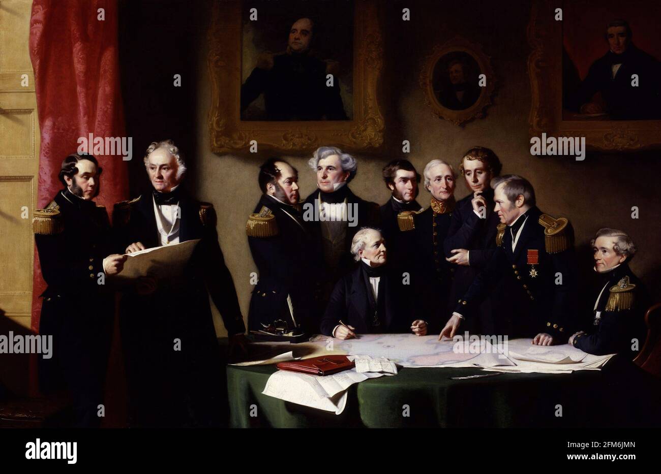 The Franklin Expedition. The Arctic Council planning a search for Sir John Franklin by Stephen Pearce, oil on canvas, 1851. From left to right, George Back, William Edward Parry, Edward Joseph Bird, James Clark Ross, Francis Beaufort, John Barrow Jr., Edward Sabine, William Alexander Baillie Hamilton, John Richardson, Frederick William Beechey Stock Photo