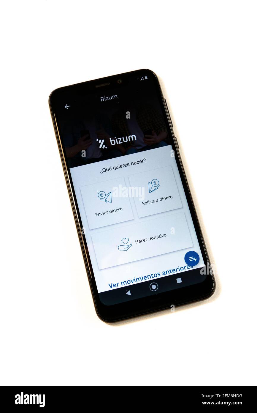 Puerto del Rosario, Spain; May 5th 2021: Bizum app payment services. White background. Stock Photo