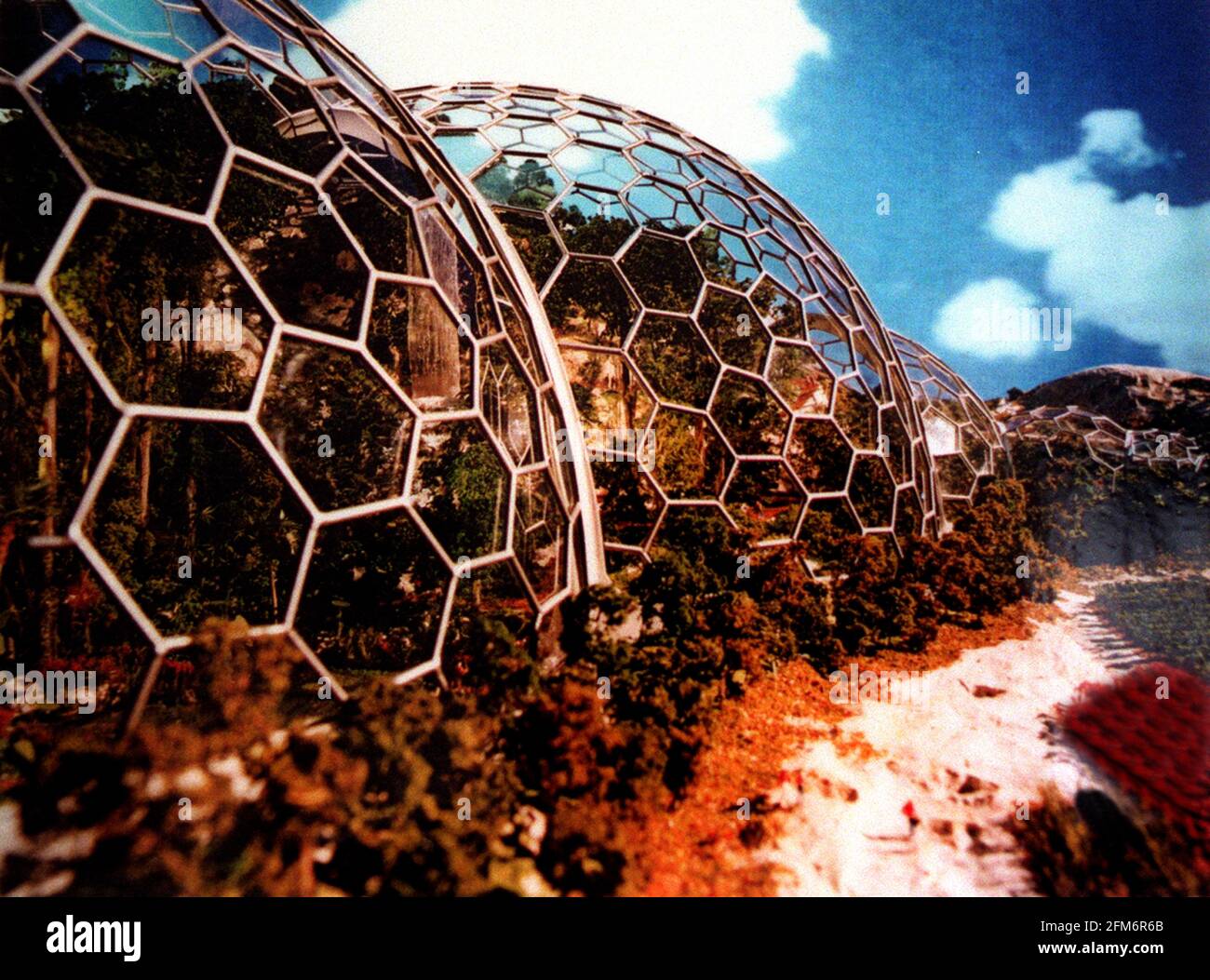 St Austell Cornish Eden Project September 1999 Artist impression of the biomes final appearance in the old clay pit Stock Photo