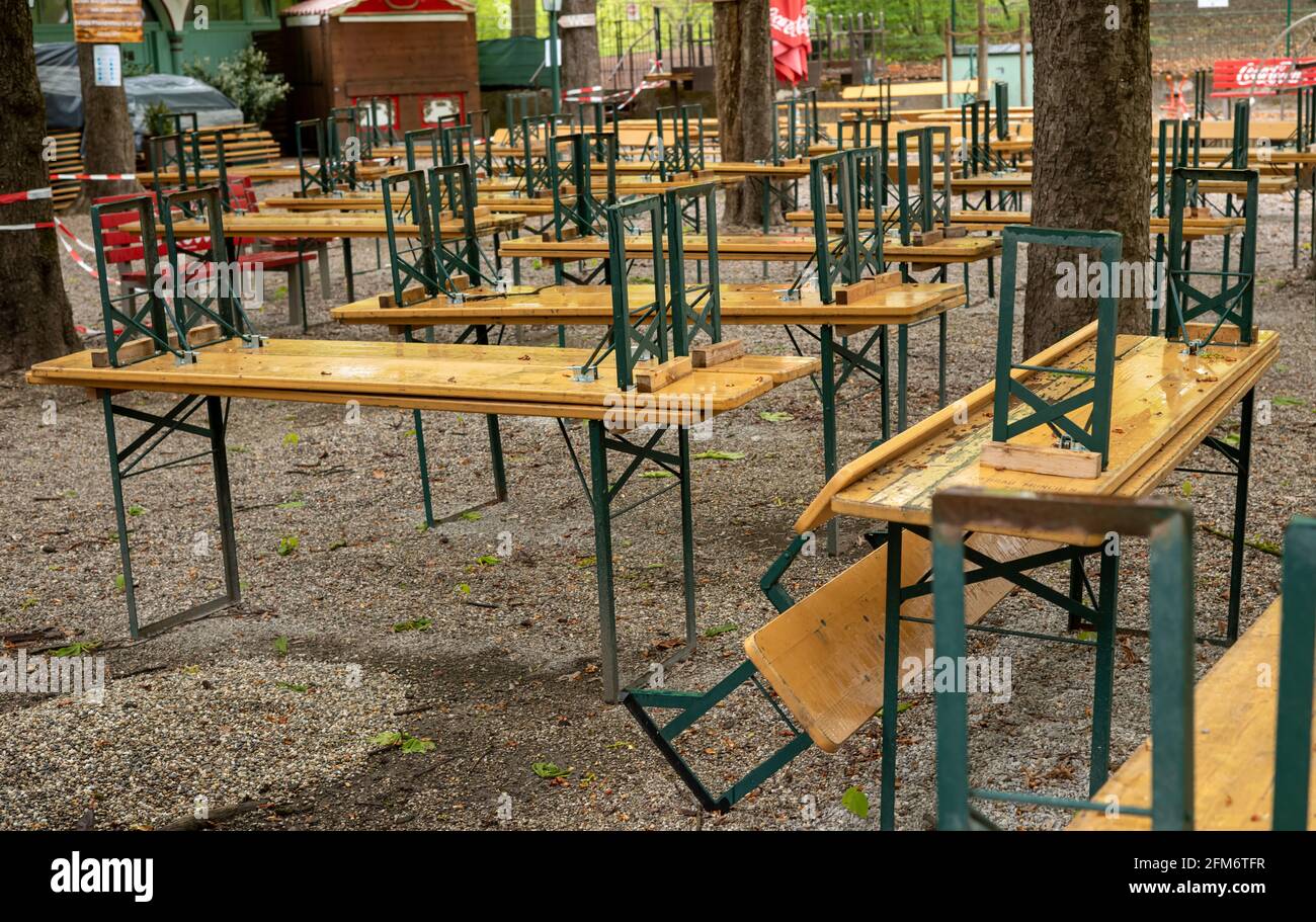 Munich, Germany. 06th May, 2021. Assembled beer benches and tables