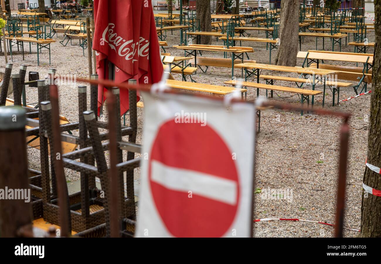 Munich, Germany. 06th May, 2021. Assembled beer benches and tables