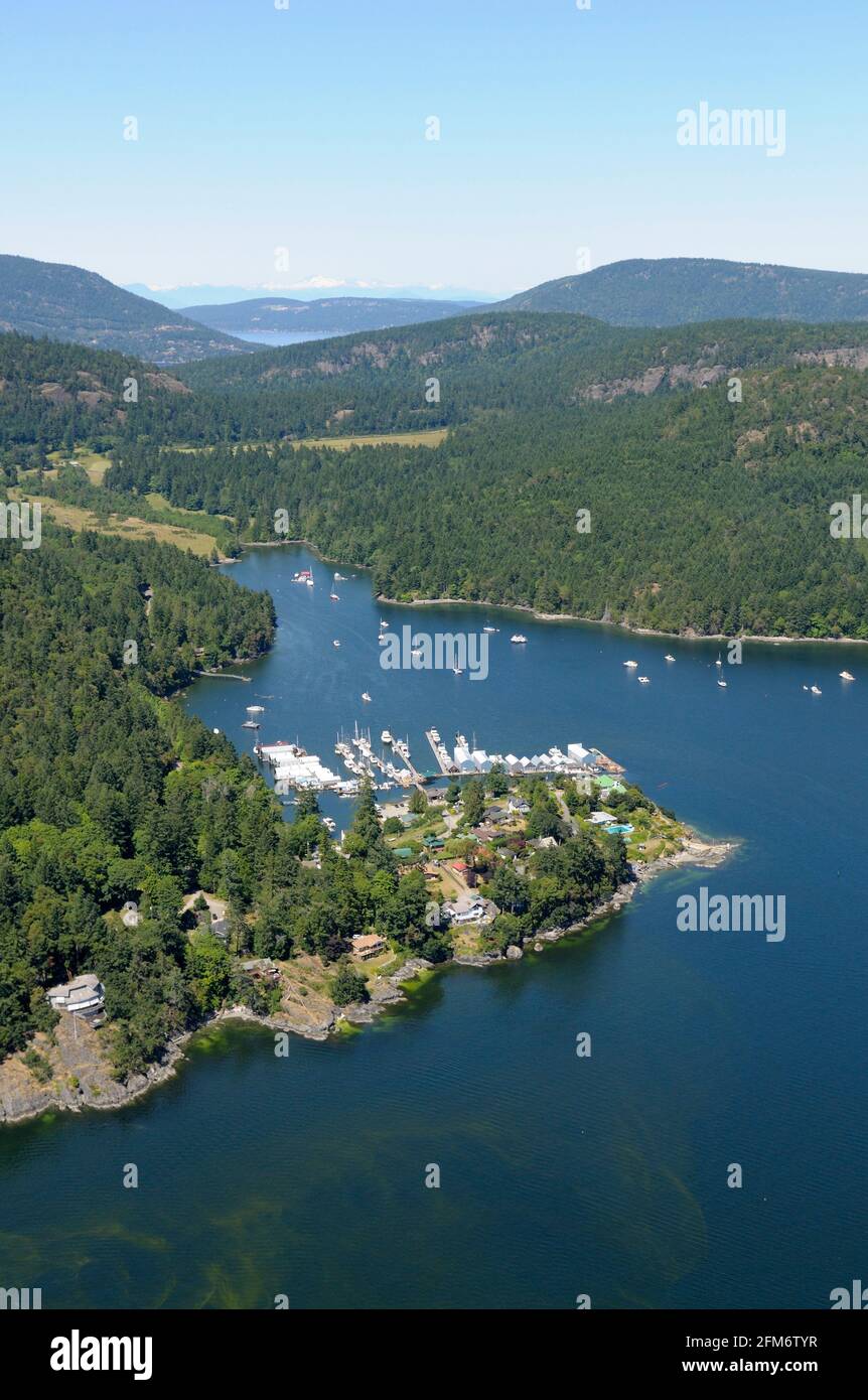 Aerial photo of Genoa Bay and Genoa Bay Marina, Vancouver Island, British Columbia, Canada Stock