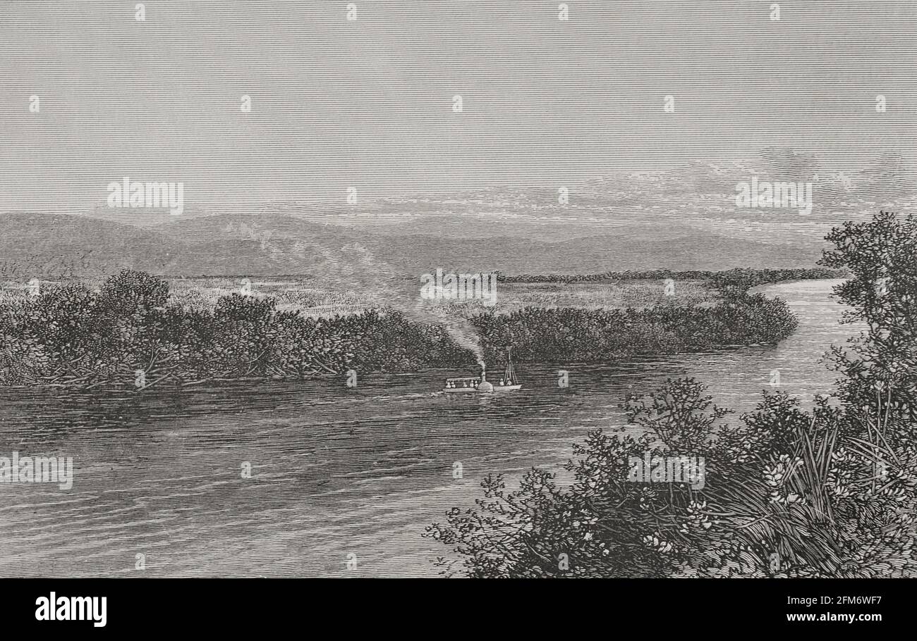 History of Africa. 19th century. Boat upstreaming the Fimi River towards Lake Leopold II. Engraving. El Congo y la Creación del Estado Independiente de este nombre. Historia de los Trabajos y Exploraciones Verificados (The Congo and the Founding of its Free State. A Story of Work and Exploration), by Henry M. Stanley. Edited in Barcelona, ca.1890. Spain. Stock Photo