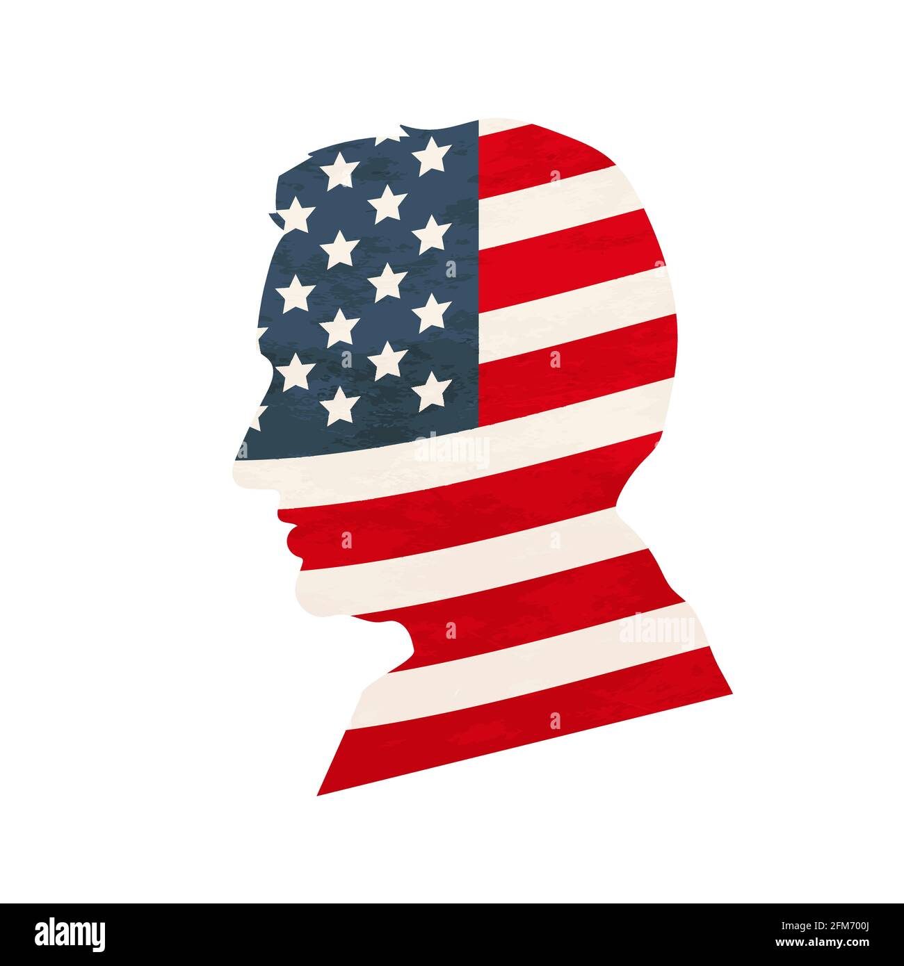 Black detailed realistic mans face profile with USA flag on white Stock Vector