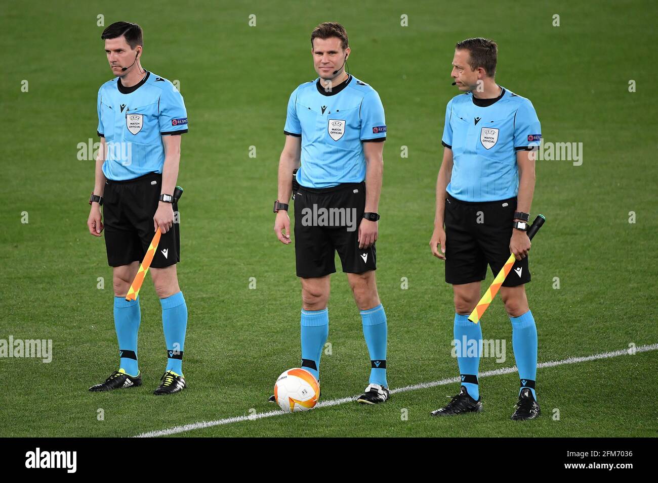 Rome, Italy. 06th May, 2021. Referee Paul Brych (c) and assistants Mark Borsch and Stefan Lupp during the Europa League semi-finals 2nd leg football match between AS Roma and Manchester United at stadio Olimpico in Rome (Italy), May, 6th, 2021. Photo Antonietta Baldassarre/Insidefoto Credit: insidefoto srl/Alamy Live News Stock Photo
