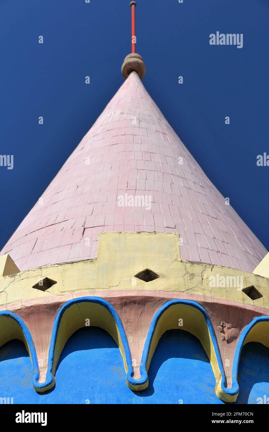 Conical pink brick roof-blue painted turret-building in Ganquan Park. Zhangye-Gansu-China-1308 Stock Photo
