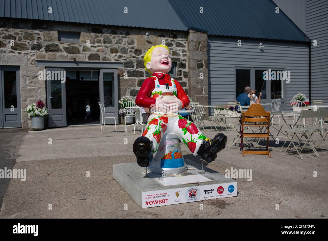 Oor Wullie statue with strawberries at Barra berries cafe, Oldmeldrum