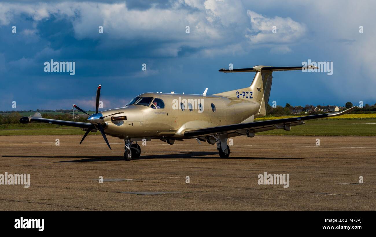 Pilatus PC-12 aircraft reg G-PCIZ - single-engine turboprop passenger & cargo aircraft made by Swiss manufacturer Pilatus Aircraft. Pilatus PC12. Stock Photo