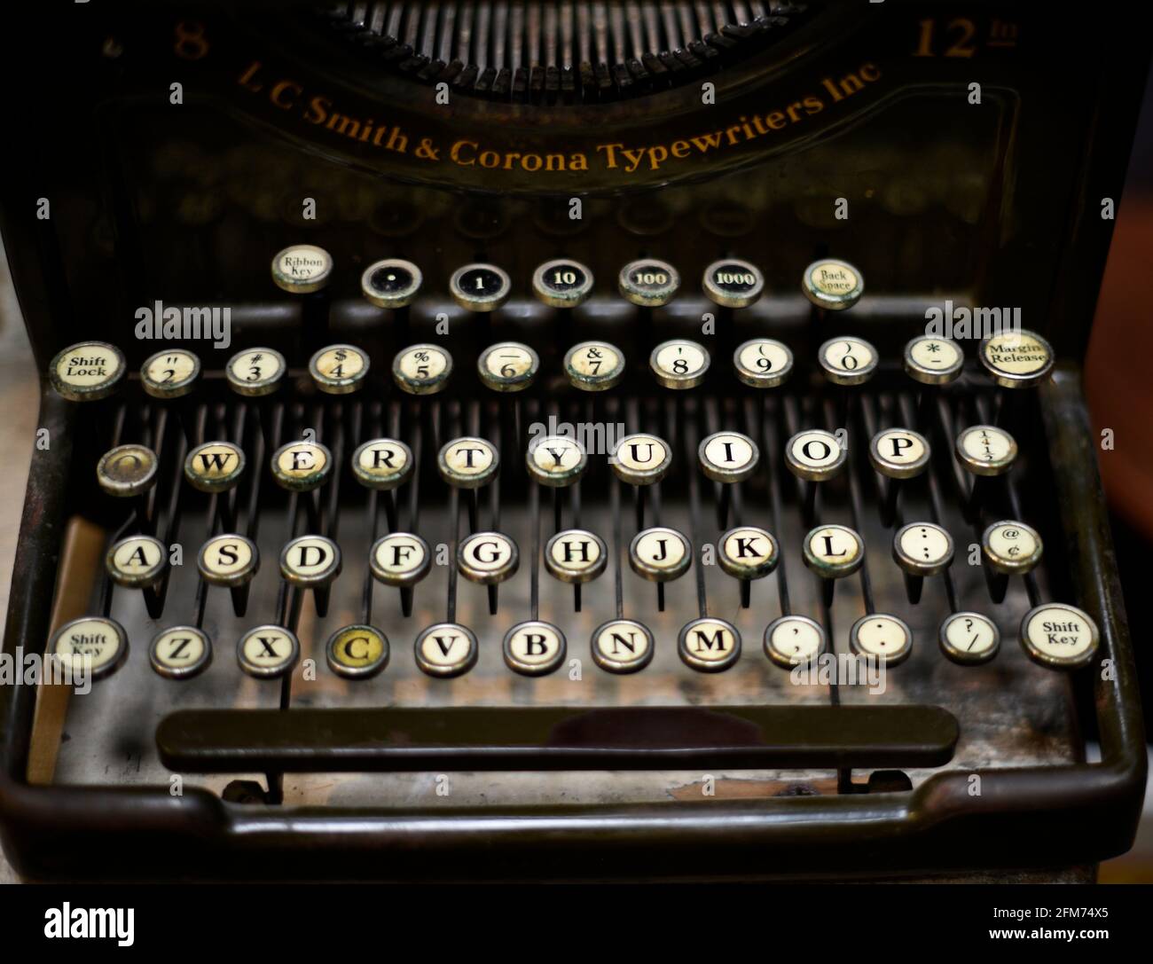 A vintage L.C. Smith and Corona typewriter for sale in an antique shop in Santa Fe, New Mexico Stock Photo