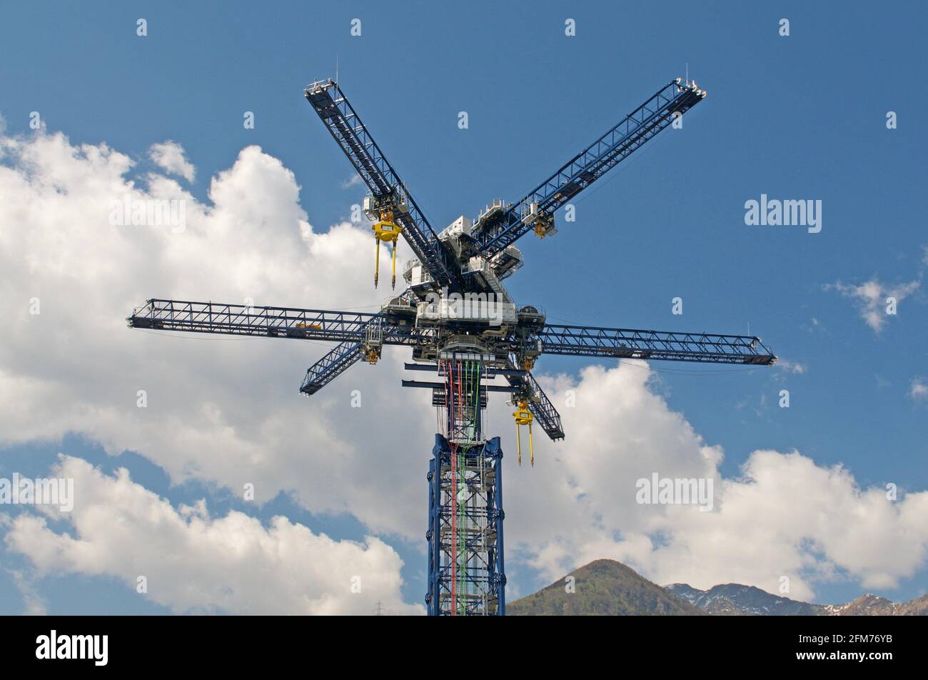Castione, Switzerland - 26th April 2021 : View of the Energy Vault crane tower in Switzerland. Energy Vault is a company specializing in gravity and k Stock Photo