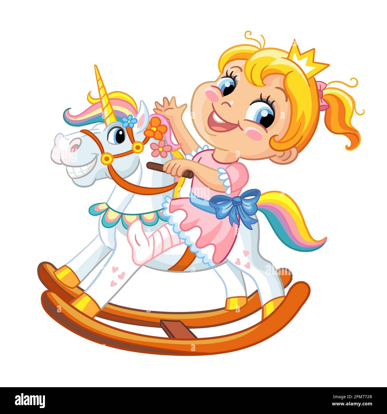 Preschool cute smiling girl riding on fantasy rocking horse