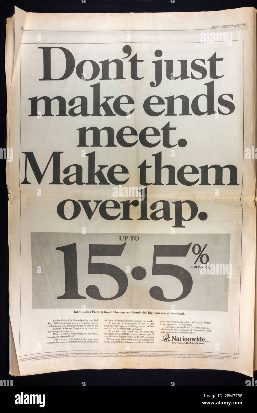 Advert for 15.5% savings bond from the Nationwide Building Society inside the Observer newspaper on 3rd March 1991 during the Iraq War. Stock Photo