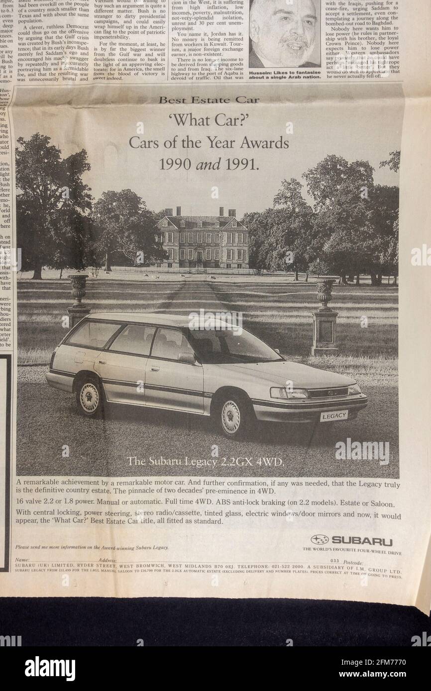 Advert for the Subaru Legacy 2.2GX 4WD car inside the Observer newspaper on 3rd March 1991 during the Iraq War. Stock Photo