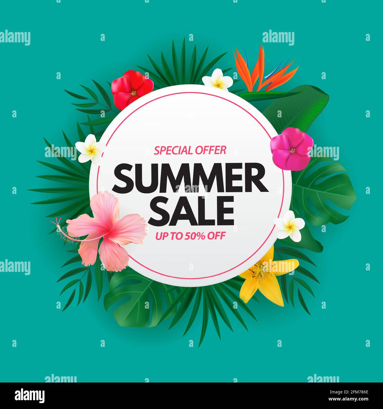 Summer sale poster. Natural Background with Tropical Palm and Monstera ...