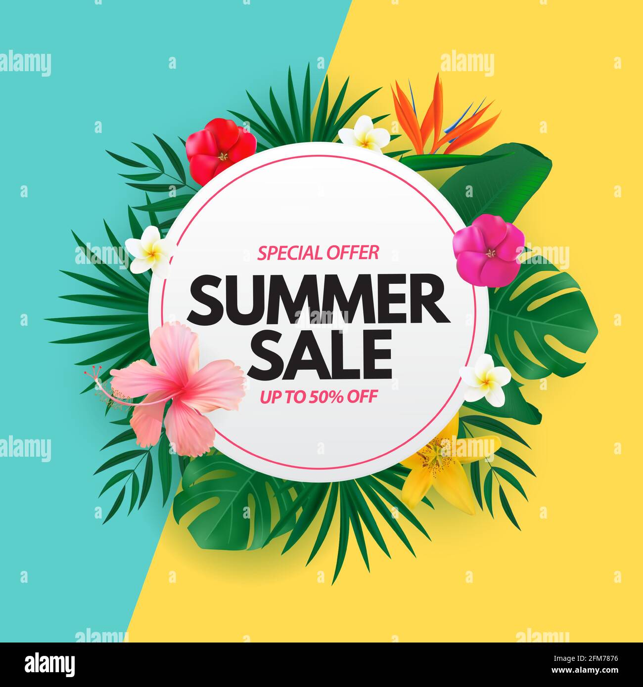 Summer sale poster. Natural Background with Tropical Palm and Monstera ...