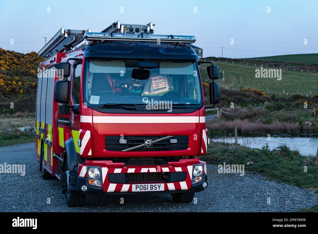 Fire Crews Tackle Gorse fire on Isle of Anglesey. Stock Photo