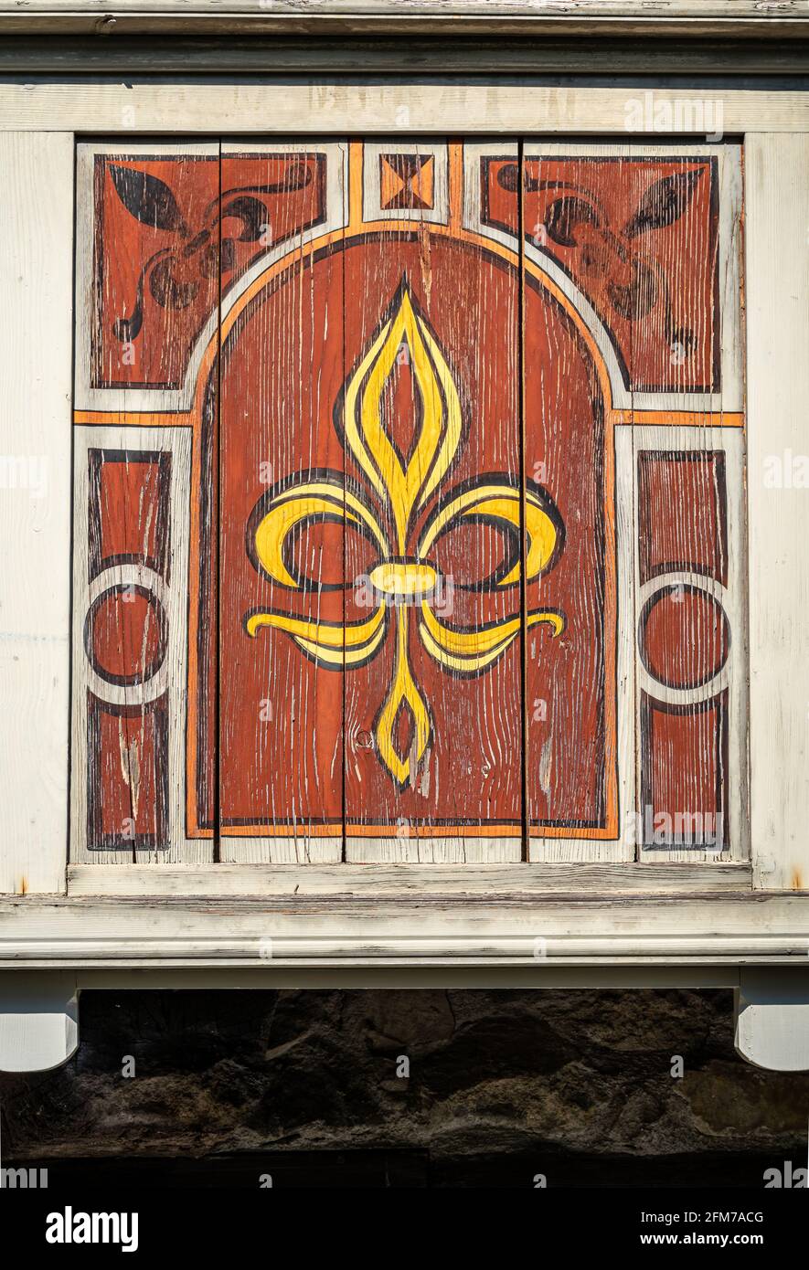 Close up of the decoration of a wooden medieval house in Werdenberg, Switzerland Stock Photo