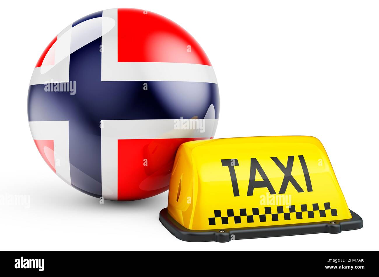 Taxi service in Norway concept. Yellow taxi car signboard with Norwegian flag, 3D rendering isolated on white background Stock Photo