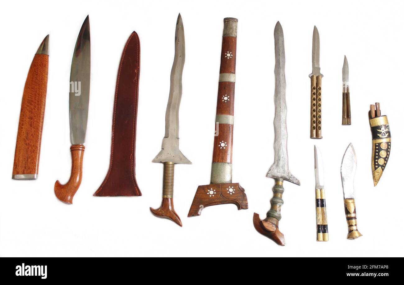Filipino Fighting Sword and Knife Collection on White Background Stock