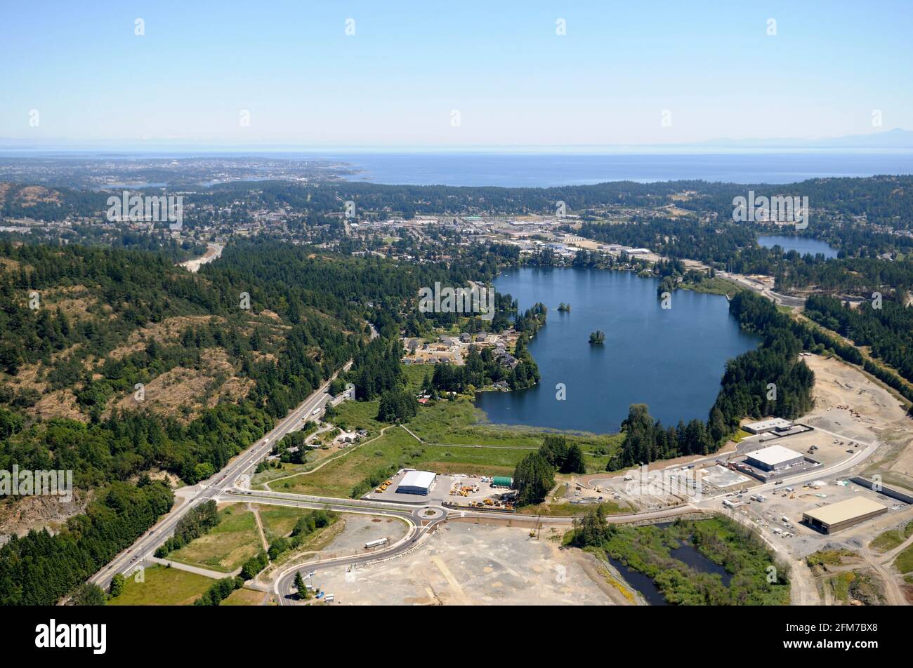Aerial photograph of Langford and Langford Lake, Vancouver Island, British Columbia, Canada